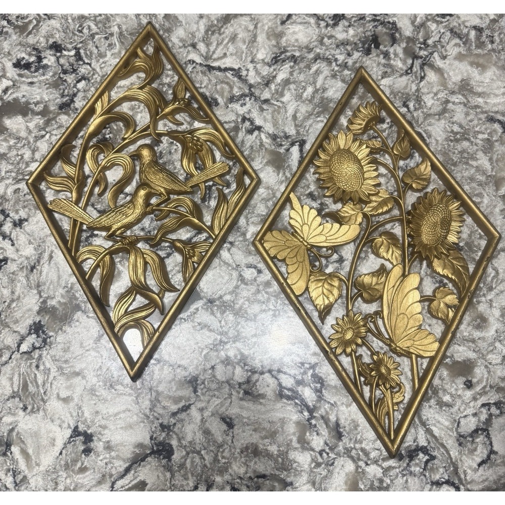 VTG 1972 Pair Burwood Diamond Birds Butterflies Wall Decor Regency MCM